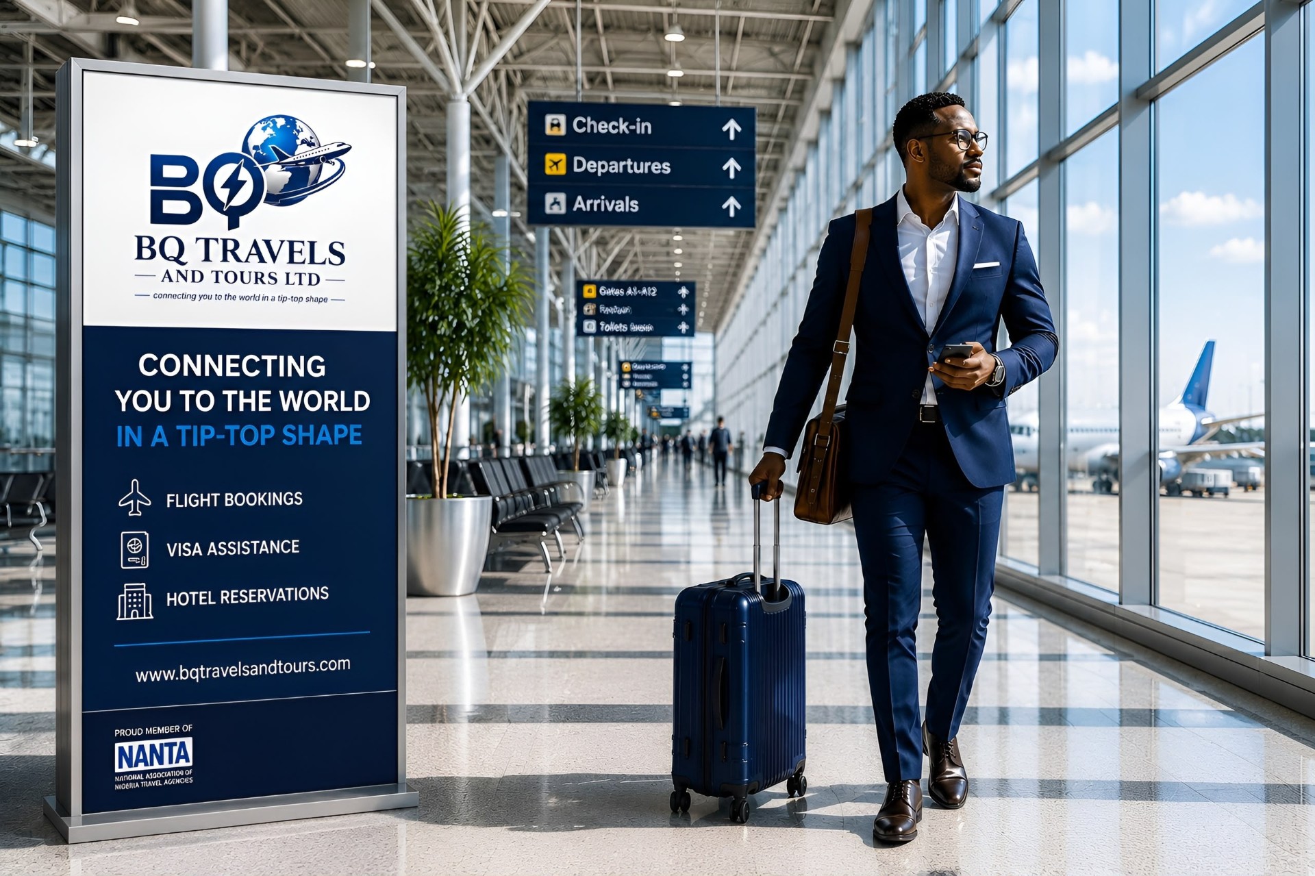 BQ Travels and Tours branded airport signage with a business traveller